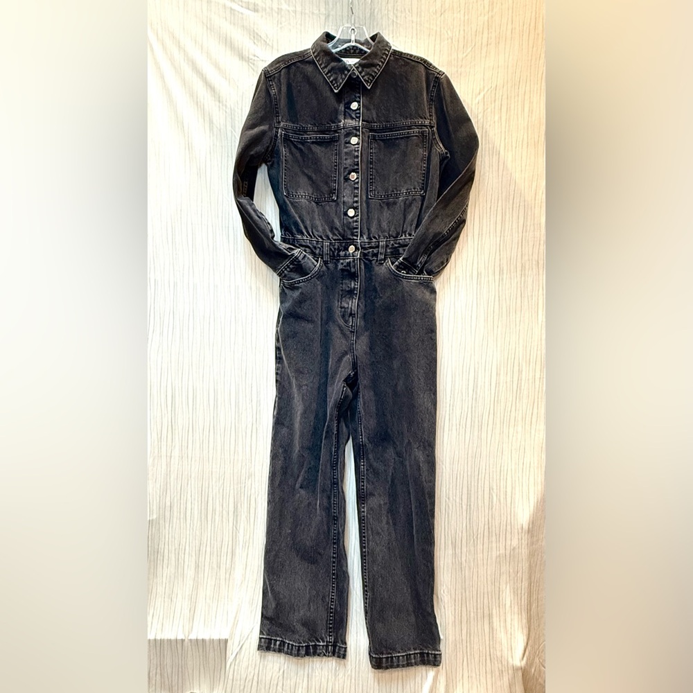 Zara women’s faded black denim long sleeve jumpsuit size med